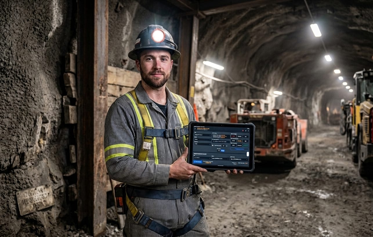 A technician underground holding a rugged tablet, with a loader and drill rig in the drift behind