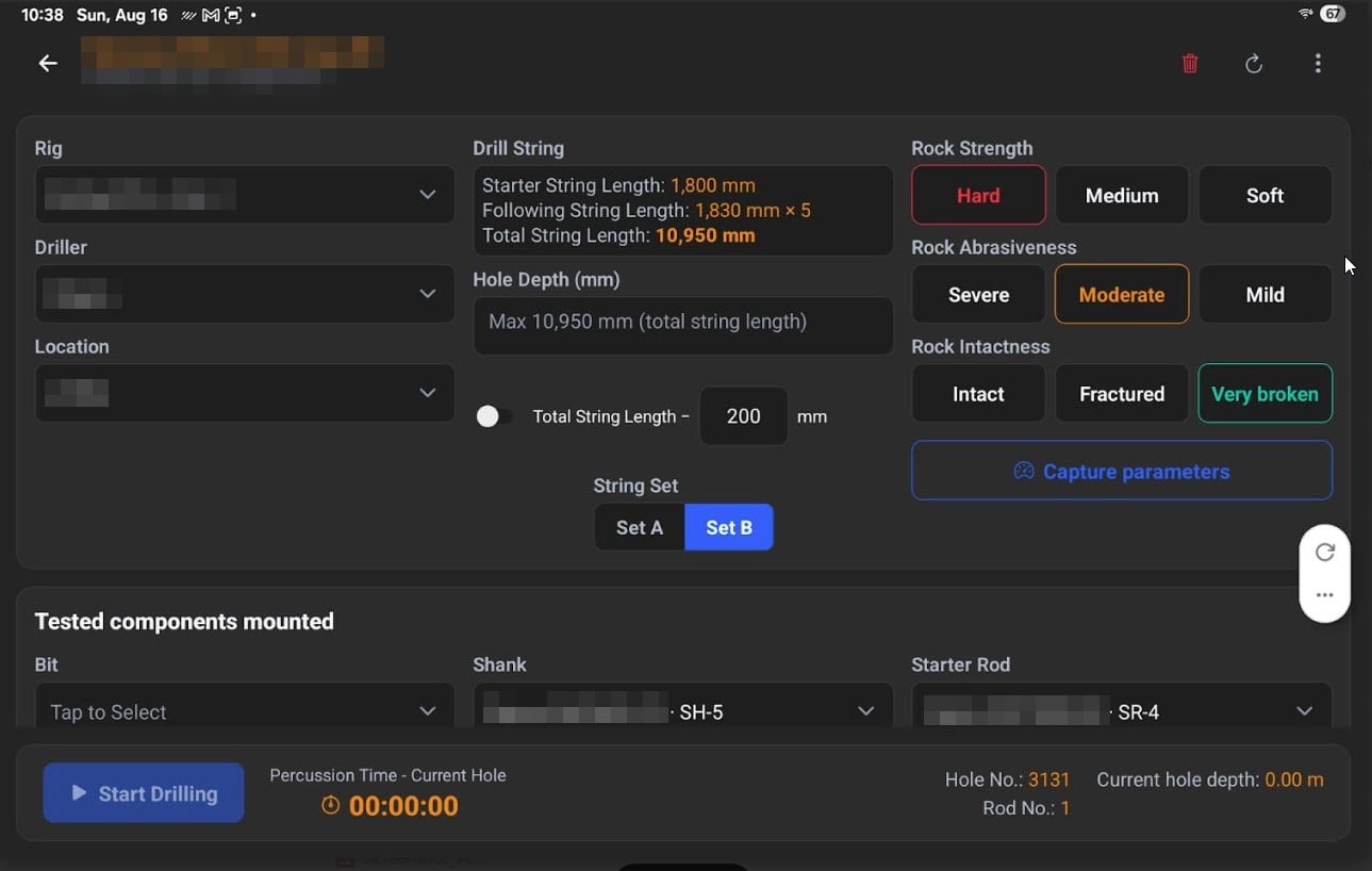 The DrillTMS tablet screen for recording a hole, with rig, driller, drill string, and rock strength, abrasiveness and intactness